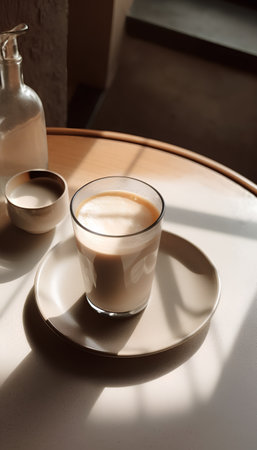 coffee in a glass cup on a wooden table in a cafeの素材