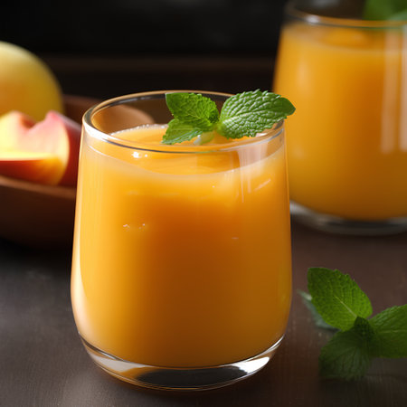 Glass of fresh peach juice with mint on wooden table, closeupの素材