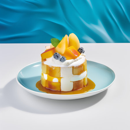 Pudding with fruit and whipped cream on a white background. 3d renderingの素材