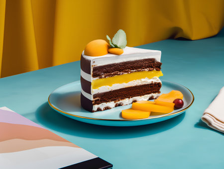 Piece of chocolate cake with apricot, peach and mint on blue plate on blue backgroundの素材