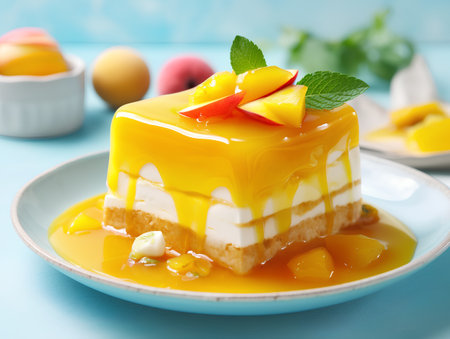 Piece of mango cake with peaches and mint on blue backgroundの素材