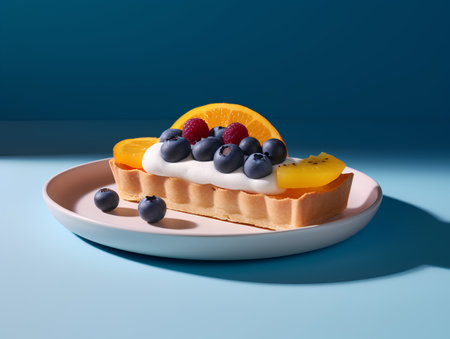 A piece of cake with cream and berries on a blue background.の素材
