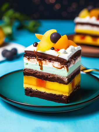 Piece of cake with fruit and chocolate on a blue background.の素材