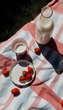 Strawberries and milk in a glass on a picnic blanket.の素材