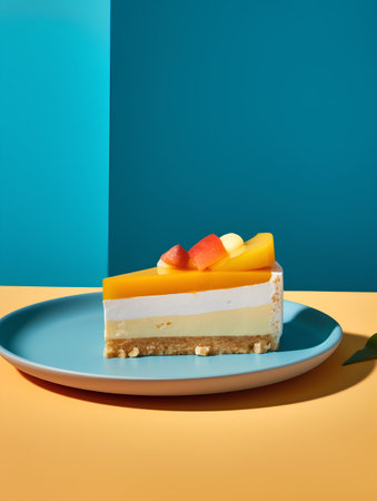 Piece of mango cake on blue plate on yellow and blue backgroundの素材
