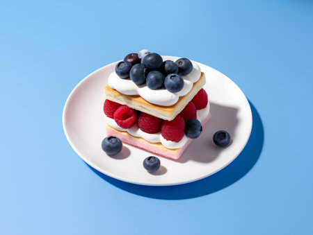 Fruit cake with cream and berries on a plate on blue backgroundの素材