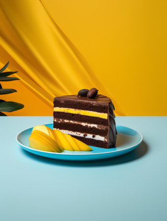 Chocolate cake with mango slices on blue plate on yellow background. 3d renderの素材