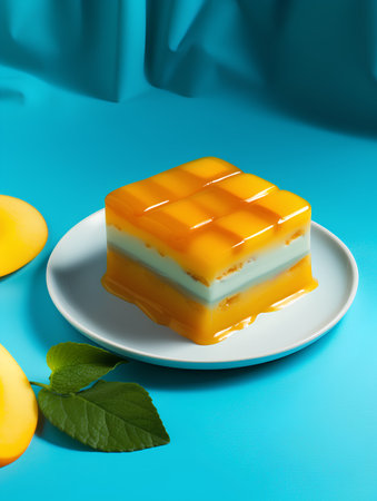 Mango cake with mango jelly on blue background. 3d renderingの素材
