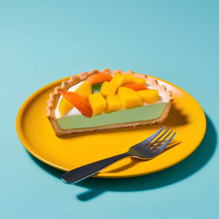 Fruit tart on yellow plate with fork and knife on blue backgroundの素材