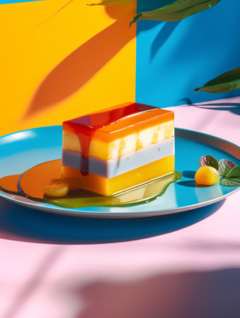Orange and yellow mousse cake on a blue plate. 3d renderingの素材