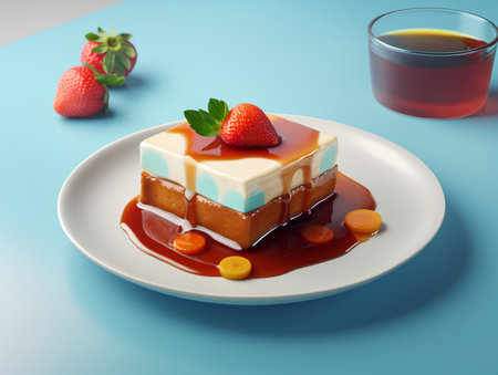 3d illustration of a vanilla pudding with caramel sauce and strawberries on a blue backgroundの素材