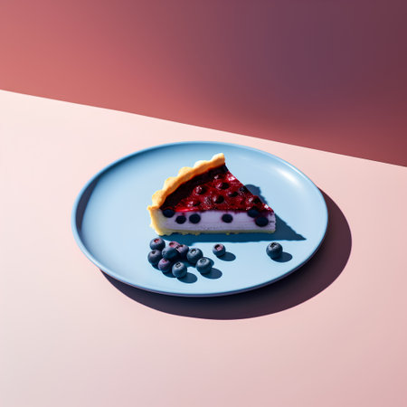 Blueberry cheesecake on a blue plate with blueberries on a pink backgroundの素材