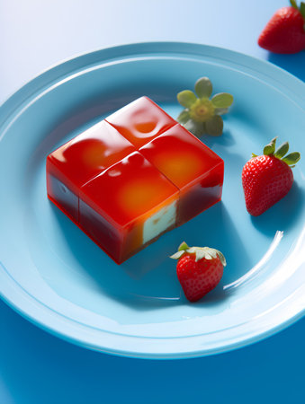 panna cotta with strawberries on blue plate, close-upの素材