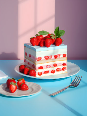Piece of cake with strawberries and mint on a blue background. 3d renderingの素材