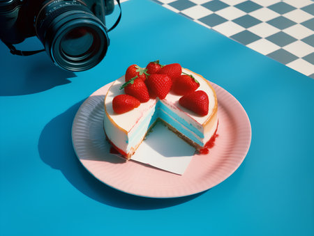 Piece of cake with strawberries and a camera on a blue backgroundの素材