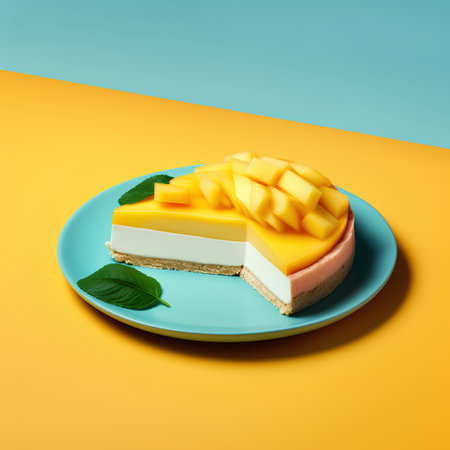 Mango cheesecake on blue plate on yellow background. 3d renderingの素材
