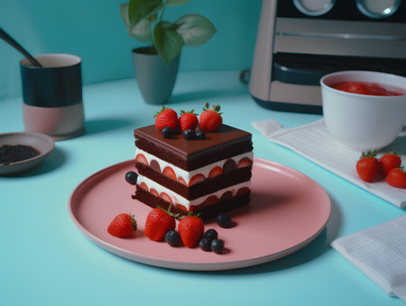Chocolate cake with strawberries and blueberries on a pink plate on a blue backgroundの素材