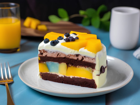 Piece of mango cake with blueberries and chocolate on blue backgroundの素材