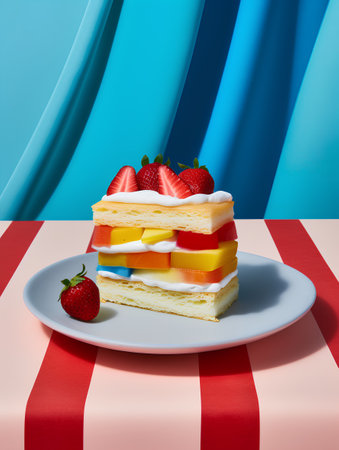 Strawberry cake on a white plate on a red and blue striped backgroundの素材