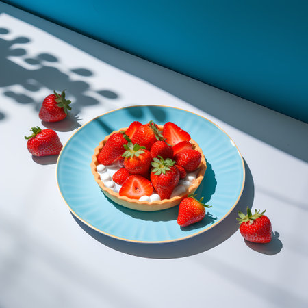 strawberry cake on blue plate on white background. 3d renderingの素材