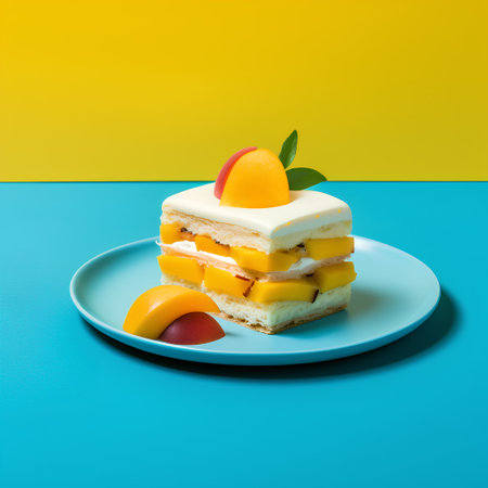 Fruit cake on blue plate and yellow background. Minimal style.の素材
