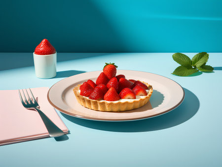 Strawberry tart on blue background. 3d render illustration.の素材