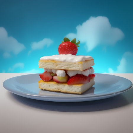 Strawberry cake on blue plate with sky background. 3d illustrationの素材