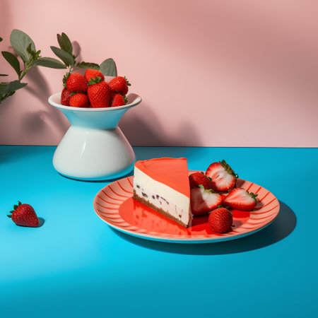 A piece of cheesecake with fresh strawberries on a blue background.の素材