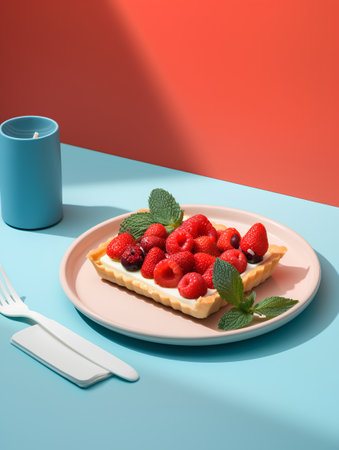 Cake with strawberries and mint on a blue background. 3d renderingの素材