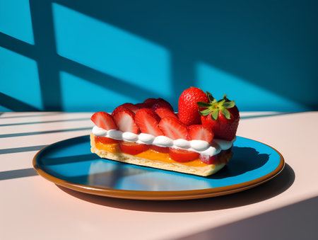 Strawberry cake on a blue plate with sun rays in the backgroundの素材