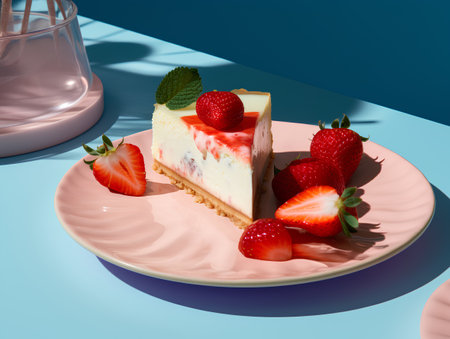 A piece of cheesecake with strawberries on a pink plate on a blue backgroundの素材
