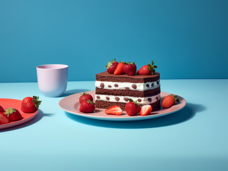 3d rendering of a chocolate cake with strawberries on a blue backgroundの素材
