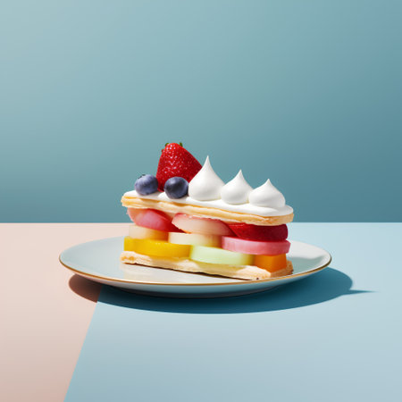 Fruit cake with whipped cream on a blue background. 3d renderingの素材
