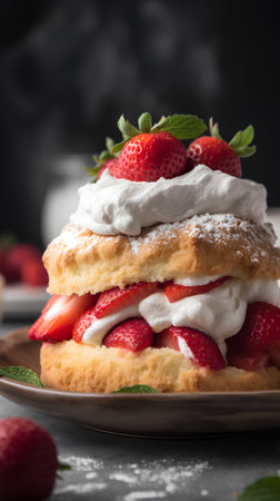 Strawberry cake with whipped cream and fresh strawberries on a plateの素材