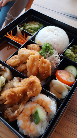 Japanese Bento Lunch with Fried Shrimp, Rice and Vegetablesの素材