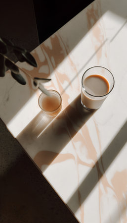 Coffee in a glass on a marble countertop with sunlightの素材