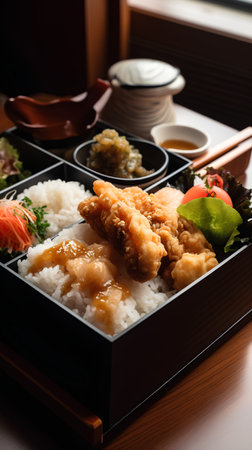 japanese food - fried chicken with rice and vegetables in boxの素材