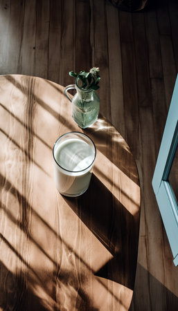 A cup of milk on a wooden table in the morning light.の素材