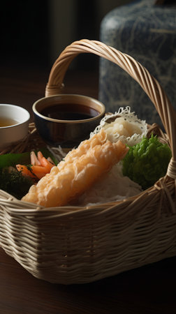 japanese food tempura in bamboo basket on wooden table backgroundの素材