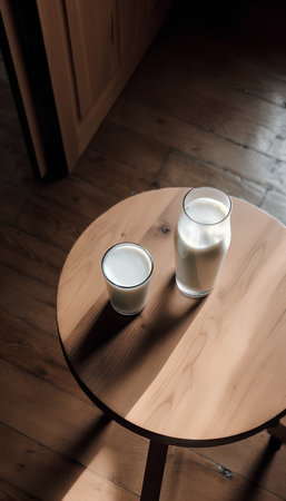 Two glasses of milk on a wooden table in the kitchen. Selective focus.の素材