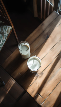 A glass of milk on a wooden table in a cafe. View from above.の素材