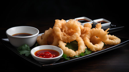 Deep fried onion rings with sauce on black plate. Japanese cuisine.の素材