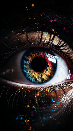 Close-up of human eye. Colorful abstract background. 3D renderingの素材