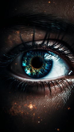 Beautiful blue female eye with glowing iris. Computer generated image.の素材