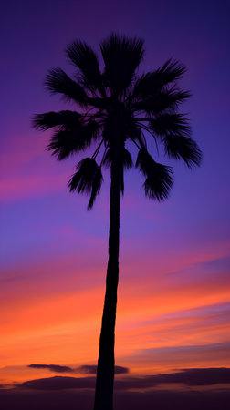 Silhouette of palm tree on sunset sky background. Nature backgroundの素材
