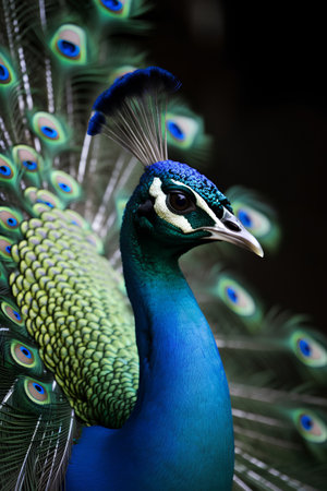 Portrait of beautiful peacock with feathers out on dark background.の素材