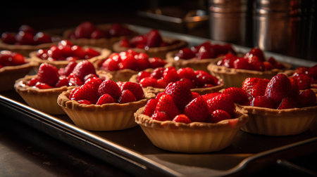 Strawberry tartlets in baking tray. Selective focus.の素材