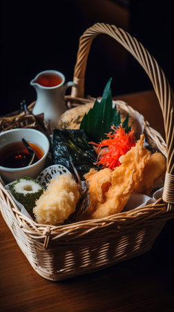 Tempura Sushi, japanese food in wicker basketの素材