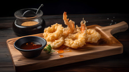 Tempura Fried Shrimps on a wooden board with soy sauceの素材
