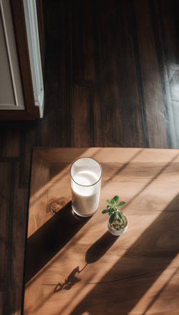 glass of milk and plant on wooden table in kitchen at morning lightの素材